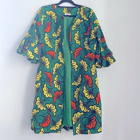 Fodey Fashion colorful large print ruffle sleeve statement open front midi coat - Picture 1 of 5